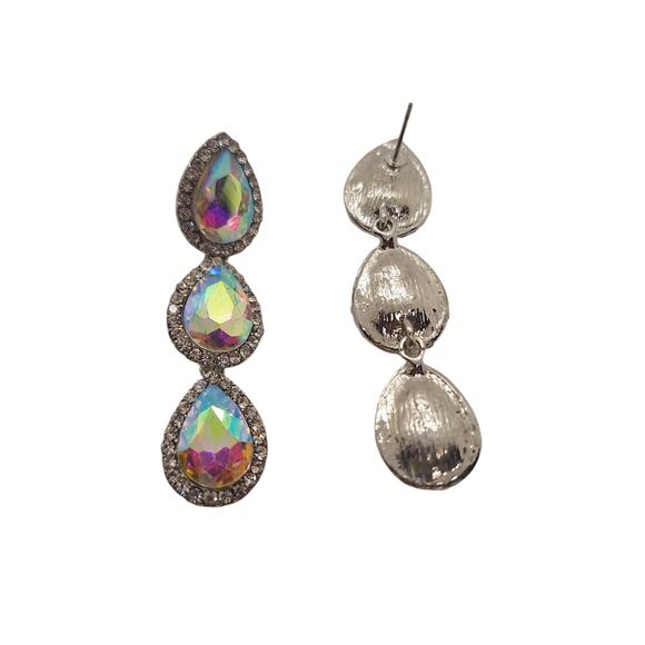 3 Teardrop AB Rhinestone Drop Earrings Post Backs Silver Tone - Picture 3 of 4